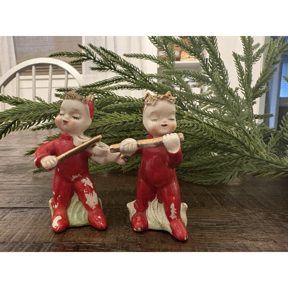 Little Red Devils Salt and Pepper Playing Violin and Flute Napco MCM 1950s 60s